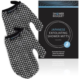 Japanese Exfoliating Mitt 2-Pack by Shower Bouquet: Silver Ions Prevent Bacteria, Activated Charcoal Removes Impurities to Deeply Clean Skin; 2 Charcoal White Body Scrub Gloves, Mild Exfoliating Glove