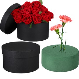 Nuenen Round Gift Box with Lid & Floral Foam Set, Black, 2 pcs, Gift Boxes for Flowers for Mother's Day Bridesmaid Wedding Baby Showers