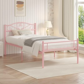 VECELO 14 Inch Twin Size Metal Platform Bed Frame with Headboard and Footboard, Heavy Duty Mattress Foundation with Steel Slats Support, No Box Spring Needed, Pink