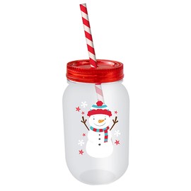 Widdle Gifts Christmas Mason Jar and Straw - Re-useable Sturdy Plastic Childrens Mason Jar (Snowman)