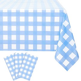 LIKAJON 3 Pack Blue and White Checkered Tablecloth, Blue Plastic Table Cloths for Parties Disposable, 54 x 108 inch Waterproof Blue Gingham Camping Tablecloth for Birthday, Party, Picnic, School