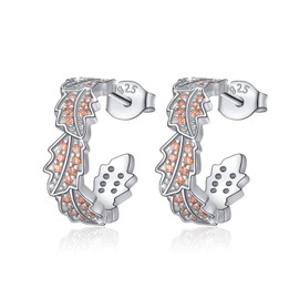 Hoop Earrings for Women 925 Sterling Silver Oak Leaf Hoop Earrings Golden Leaves Hoop Earrings Delicate Jewellery Gifts Birthday, Silver, Cubic Zirconia