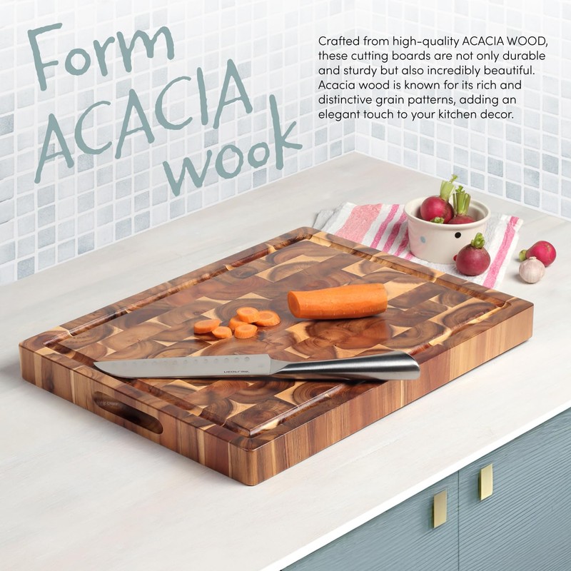 Acacia End Grain Cutting Board (17x13x1.5in), Butcher Block - Reversible