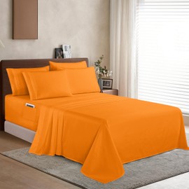 Elegant Comfort 1500 Premium Quality 6-Piece Bed Sheet Set - 18-24 Inch Extra Deep Pocket, Smart Storage Pockets, Wrinkle Free Ultra Soft 6PC Extra Deep Pocket Sheets, Queen, Orange