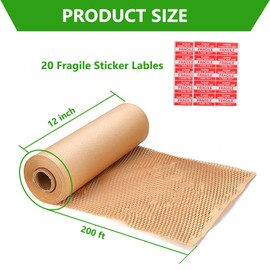 Honeycomb Packing Paper Wrap 12"x200' Recycled Bubble Cushioning Wrap Roll Eco Friendly Shipping Boxes Moving Wrap Packing Supplies Material with 20 Fragile Sticker Labels