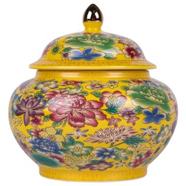 Classic Enamel Ginger Jar-Handcrafted Yuan and Ming Dynasty Inspired Designs, Vibrantly Colored Floral Motifs on Ceramic Vase, Decorative and Functional Jar with Lid(Flower Yellow)
