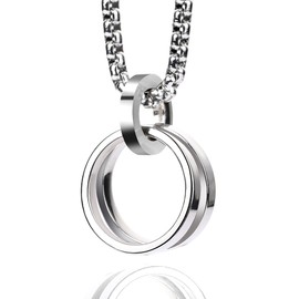 Yooping Men's Necklace, Silver, Double Ring, Pendant, Stainless Steel