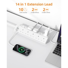 10 Way Extension Lead with USB Ports(2 USB C), ANVODE Multi Plug Power Strip with Switch, Plug Extension Socket for Home Office Dorm, 2M Extension Cord, White