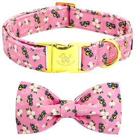 Elegant little tail Dog Collar, Spring Dog Collars with Bow Cute Bees Print Cotton Soft Female Male Pet Collar Bowtie Floral Puppy Collars Adjustable Collar for Large Dogs