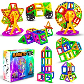 Magnetic Building Blocks Tiles with wheels STEM Toy Set 60 PC – Kids Learning Educational Construction Toys for Boys Girls Present Age 3 4 5 6 7 Year Old - Gift