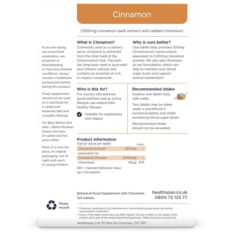Healthspan Cinnamon 1,000mg | 120 Tablets | Added Chromium |