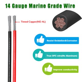 14 Gauge Marine Wire Tinned Copper Boat Cable, Standard USA OFC Oxygen Free Copper Wire for Automotive Boat Speakers Solar Outdoors (14 Gauge 30FT Red+30FT Black)
