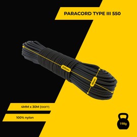 EdcX Paracord 4mm, 20+ Military Colors (15m, 30m, 50m, 100m, 300m) | Ideal for Camping, Survival, Outdoor, Crafting, DIY | 100% Nylon Rope 4mm | Tactical Cord 550 Type III (Black Snake, 30 m)
