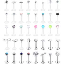 FIBO STEEL 16G Forward Helix Monroe Labret Lip Nose Studs for Men Women Stainless Steel&Clear Plastic Tragus Cartilage Stud Earrings Medusa Piercings Jewelry 40 Pieces