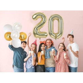 Number 20 balloons Light Gold，20 Balloons Birthday Boy Girl,40Inch Foil Number 2 & 0 Balloons with 6 Light Gold Metal and Confetti Helium Balloons for 20th Year Old Birthday Decorations
