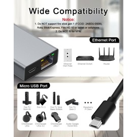 YEZriler Ethernet Adapter for Fire TV Stick, Micro USB to RJ45 Ethernet Adapter Compatible with Fire TV Stick/4K/4K Max, Fire TV Cube, Chromecast Ultra Audio, Micro USB to Ethernet Adapter - Grey