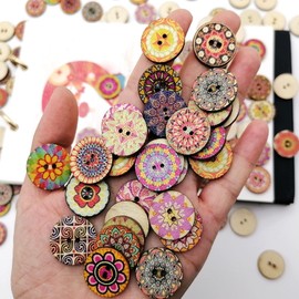 Alfykym 200pcs Vintage Round Wooden Buttons Vintage Flower Painting Wooden Craft Buttons 2 Holes Mixed Random Flower Painting Buttons for DIY Sewing Craft Decorative