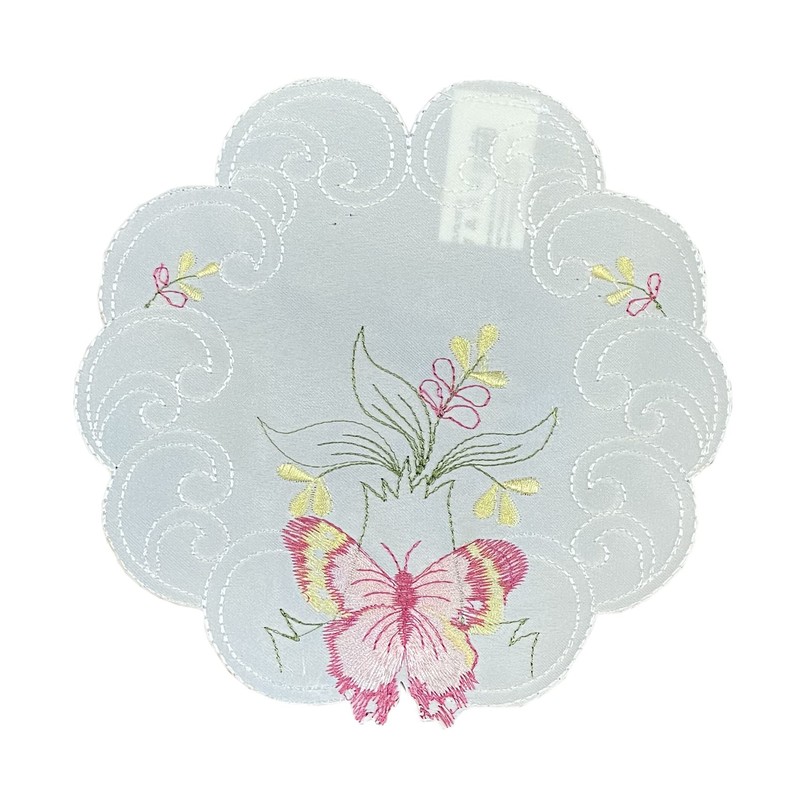 Embroidered Pink Butterfly Doilies Pack of 6 Scallop Edge Traditional