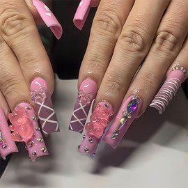 RTKHFZE Xl Press on Nails Long,Square Fake Nails,Pink Gradient Full Cover Acrylic False Nails,with 3D Bear and Rhinestones Designs Nails Press Ons Long Nails Tips,Glue on Nails for Women and Girls