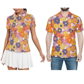 70s 80s Flower Couple Golf Shirts,Women's Matching Hawaiian Golf Shirt for Couple,Moisture Wicking Couple Polo Shirt 2XL