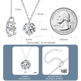 KRKC Diamond Pendant Necklace for Women, Moissanite Solitaire Pendant Necklace in 18K White Gold, Round-cut Lab Grown Diamond, S925 D Color VVS1 Adjustable 16+2 inches Chain Valentines Day Gift for Mom Girls Wife