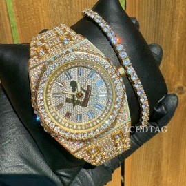 ICEDTAG MEN'S ICED FREEMASON MASONIC GOLD PT WATCH & TENNIS BRACELET COMBO SET, GIFT SET - Gold- SET