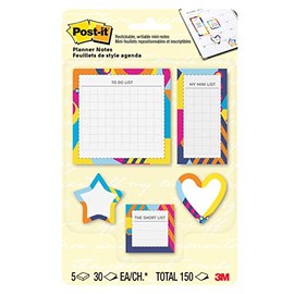Post-it - Planificador de notas adhesivas, lista para hacer, mini lista, lista corta y formas, 5 almohadillas, 30 hojas/almohadilla, brillo optimista