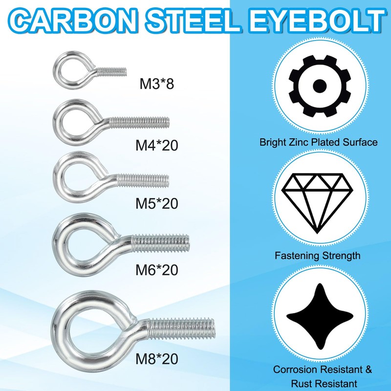 PATIKIL M3x16mm Eye Bolts, 10 Pcs Carbon Steel Threaded Eyebolt