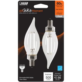 Feit Electric BPCFC60927CAWFIL/2 Soft White Flame Tip Exposed White Filament LED Bulb, Box of 2 Bulbs; 5.5W; 60W Equivalent; E12 Base; 2700K; 90 CRI; 500 Lumen; Glass Lens; 15000 Life Hours