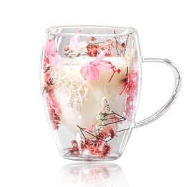 Gifts for Women Aesthetic Dried Flowers Double Wall Glass Coffee Mugs Tea Cups with Handles and Insulated Layer,for Women Best Friend Teacher Mum Christmas Birthday Gifts (Pink)