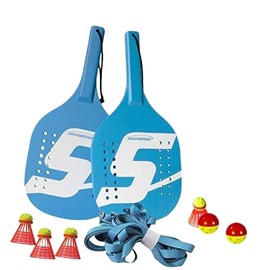 Speedminton Original Paddleminton - Complete Game Set incl. 2 Wooden Paddles, 2 Balls & 4 “Fun Speeders” Birdie, transportable and Easy to Setup Court - A Perfect Backyard Game, Blue