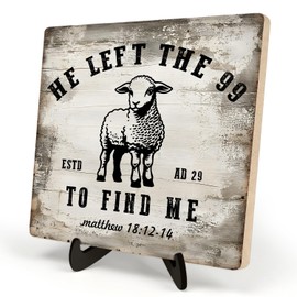 He Left the 99 to Rescue Me Christian Desk Sign – Jesus and Lost Sheep Wooden Plaque, Table Decor for Home, Office or Prayer Room 5.9x5.9inch (MATTHOW 18:12-14 Sheep)