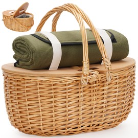 ZORMY 15" Cooler Picnic Basket with Blanket, Wooden Split Lid Picnic Basket, Vintage-Style Wicker Picnic Hamper with Folding Woven Handle for Picnic, Camping