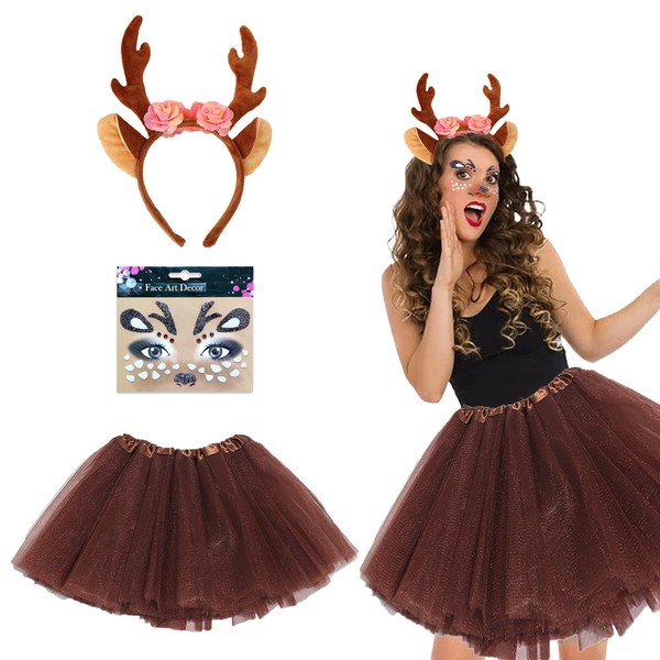 TERJBG Deer Costume Women's Deer Headband Women, Carnival Costume Women Girls, Antlers Costume Accessories, Deer Face Tattoo, Women Children Fancy Dress Headdress Headband Costume