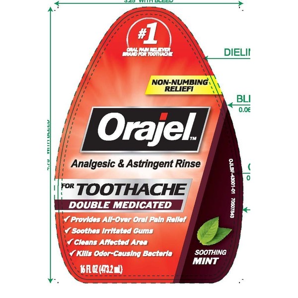 Orajel Soothing Mint Double Medicated Analgesic & Astringent Rinse for Toothache, 16 fl oz (Bundle of 2)