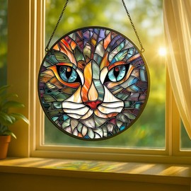 Stained Glass Window Hanging Cat Face， 7.8in Sun Catchers Panel for Indoor Decorative Display for Mom， Wife， Lovers， Festive