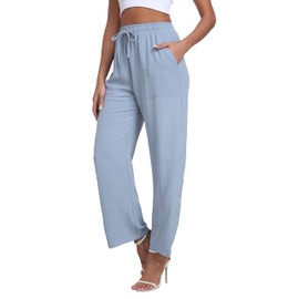 LIGHTBACK Women's Wide Leg Pants with Pockets Loose Casual Lounge Pants Comfy Drawstring Work Dress Pants Gray Blue