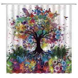 Jingjiji Colourful Tree Shower Curtain Color Bursting Tree of Life Theme Spring Fantastic Fairy Forest Flower Butterfly Pastoral Branch Ink Jet Bathroom Decor Curtains (Colorful, 70 x 70 Inch)