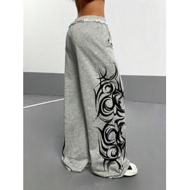 ZAFUL Womens Wide Leg Sweatpants Y2K Gothic Graffiti High Waisted Drawstring Lounge Pants Athletic Joggers Pants with Pockets 1-Light Grey M