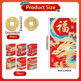 36pcs Chinese Red Envelopes, 2024 Chinese New Year Red Envelopes Dragon Year Red Envelope with Lucky Copper Coins Lucky Money Envelopes for Spring Festival