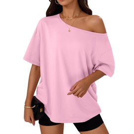 Trendy Queen Womens Off The Shoulder Tops Oversized T-Shirts Short Sleeve Tees Summer 2025 Casual Spring Fashion Clothes Pink M
