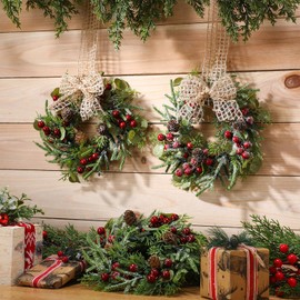 Dingion 8 Pcs Mini Christmas Cabinet Wreaths Artificial Small Kitchen Wreath 9 Inch Mini Faux Garland with Burlap Ribbon for Vintage Farmhouse Rustic Retro Front Door Porch Indoor Outdoor Decor
