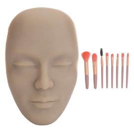 Makeup Practice Face Kit 3D Realistic Full Face Practice Broad 8pcs Makeup Brush Reusable Mannequin Cosmetic Practice Tool Dark Skin Color