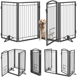 Metal Free Standing Dog Gate with Cat Door for Indoor/Outdoor,80" Extra Wide Foldable Pet Gate,36" Tall Puppy Fence for Large Openings Stairs,Deck,Yard,Doorways(4 Panels,Black)