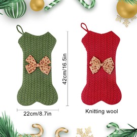 Otcmuky Pet Christmas Stockings 2 Pack Knitted Bone Shape Hanging Christmas Stockings for Home Fireplace Decor (Green+Red)