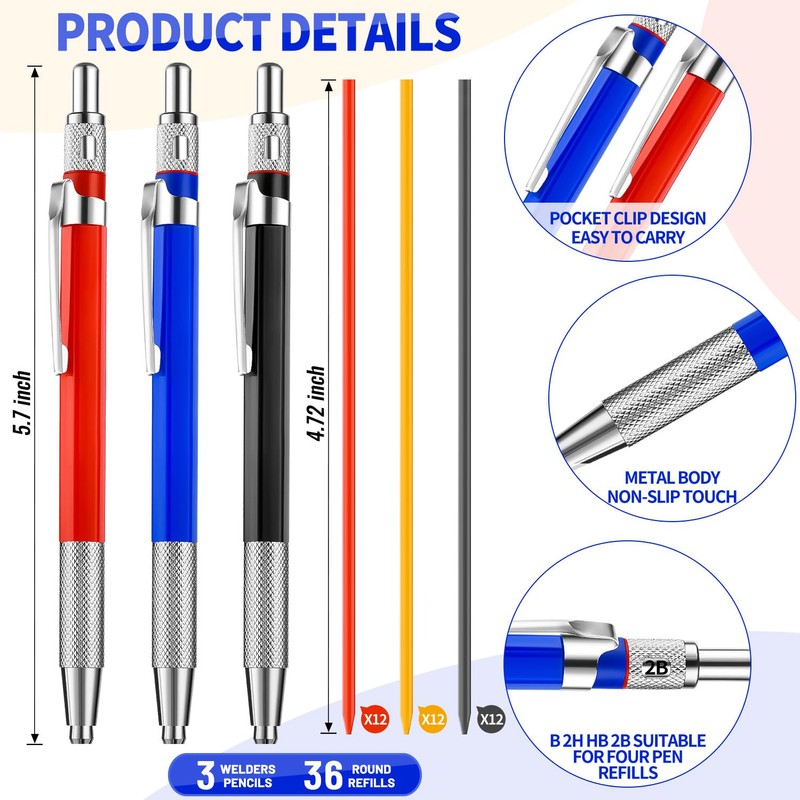3 Pcs Welders Pencil with 36 Pcs Silver Round Refills,