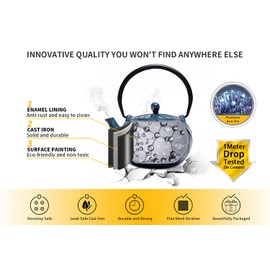 Cast Iron Tea Kettle, TOPTIER Japanese Cast Iron Tea Kettle with Infuser for Loose Leaf and Tea Bags, Stovetop Safe Cast Iron Teakettle Coated with Enameled Interior for 40 oz (1200 ml), Navy Blue