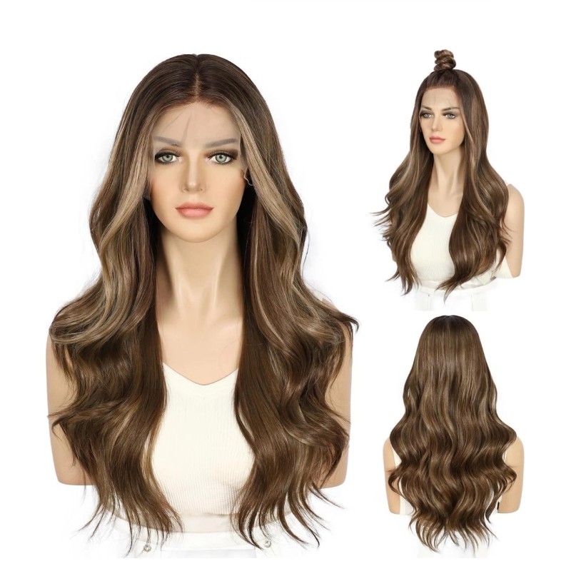 HD Lace Front Wig Human Hair Blend Highlights Wavy Curly