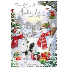 Auntie and Uncle Christmas Card - Snowmen and Puppy - Artistic Festive Design - Special Finishes and Illustrated Insert Leaf - Made in the UK