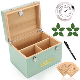Professional-Designed Bamboo Seed Storage Box with Built-in Hygrometer, Double-Layer Airtight Lid and Safety Lock, Temperature-Stable Wooden Seed Organizer for Preservation, Great Gifts for Gardener